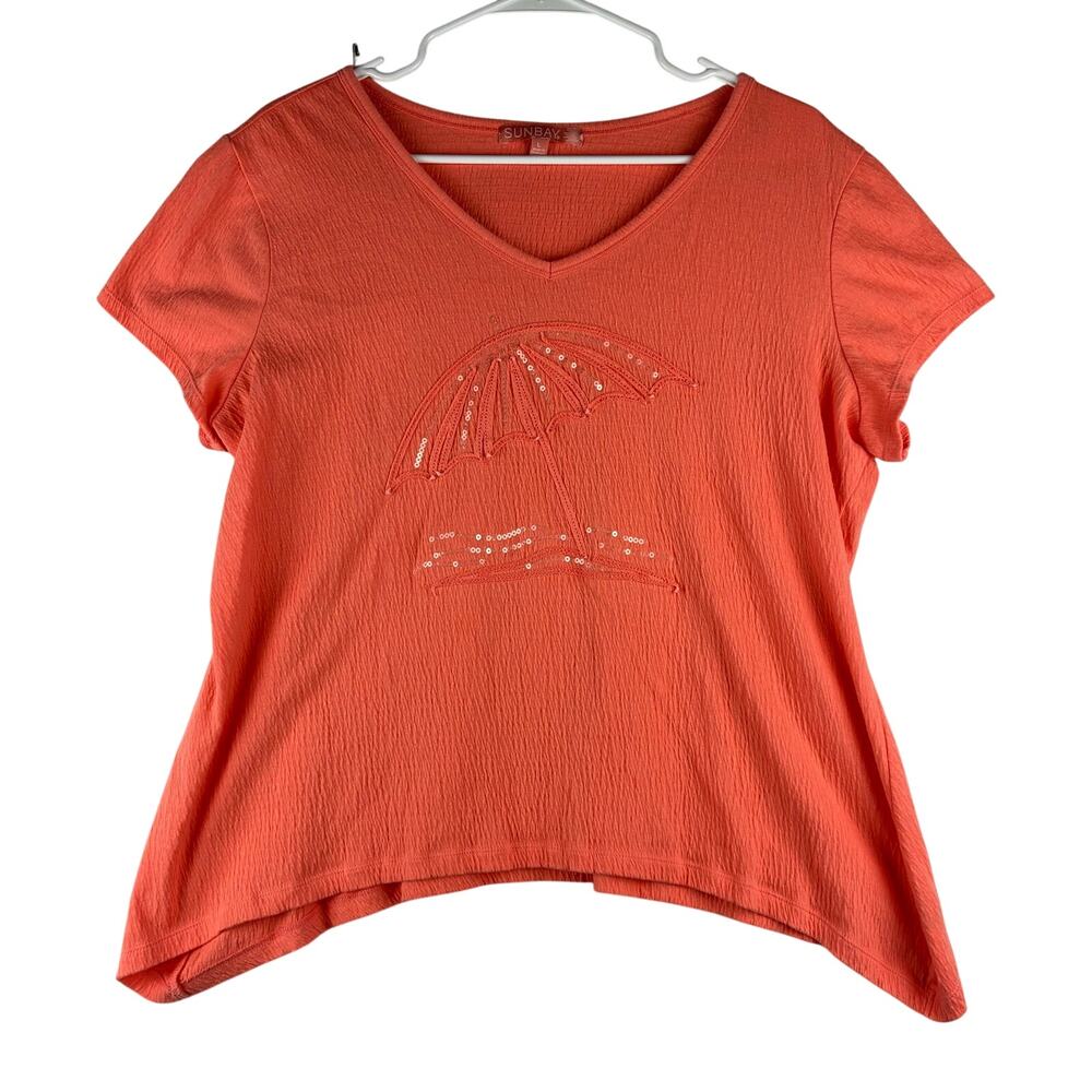 Sun Bay Sequin Beach Umbrella V-Neck Short Slv T-Shirt Womens Large Coral Orange